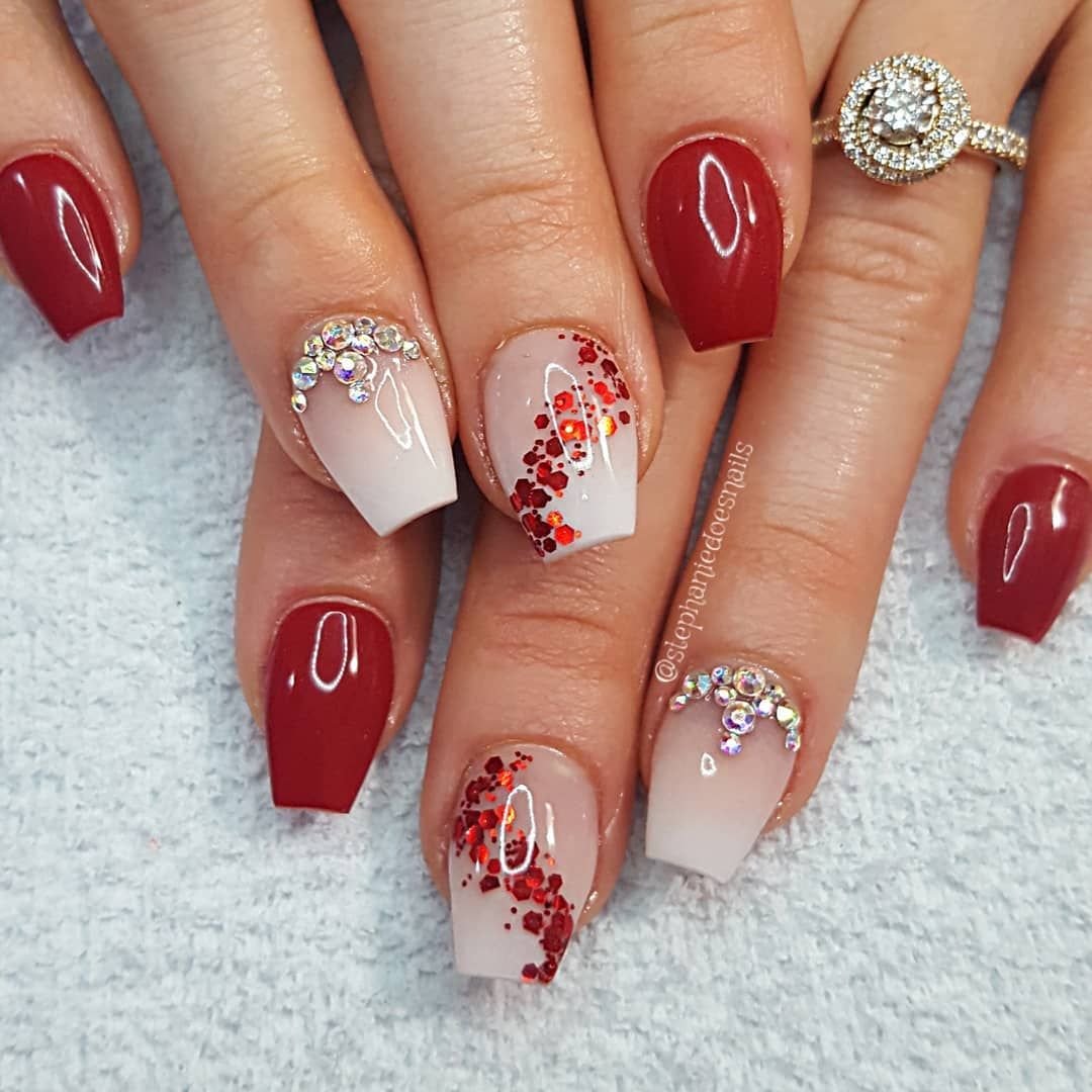 women's red and white nails