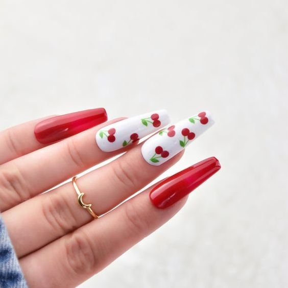 women's red and white nails