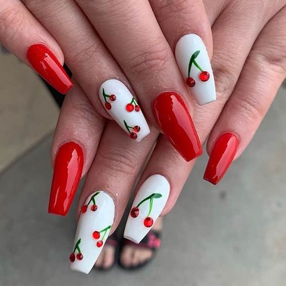 women's red and white nails