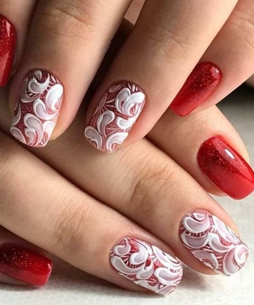 women's red and white nails