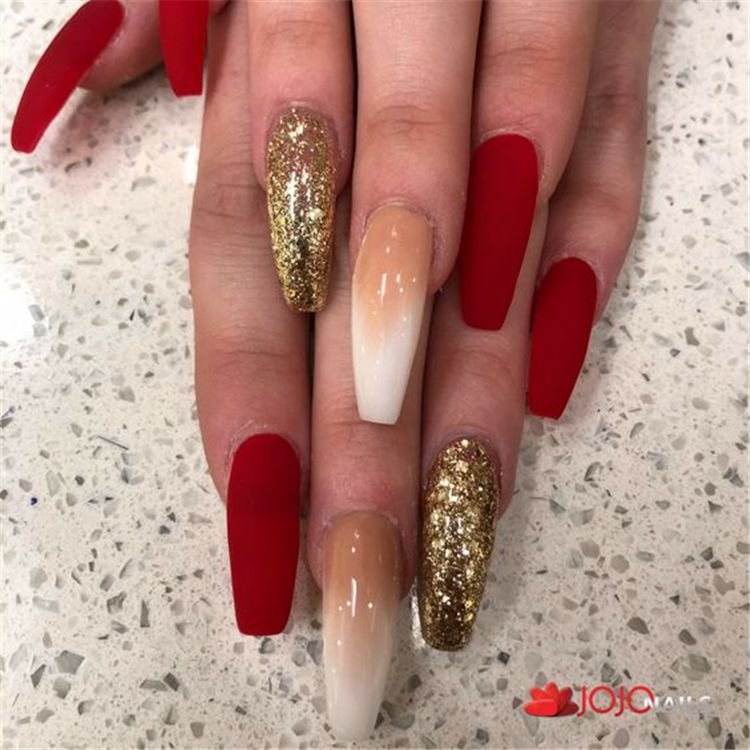 women's red and white nails